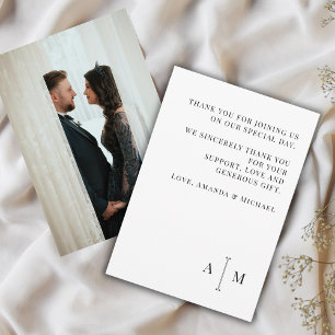 Cartão De Agradecimento Foto de casamento minimalista monograma preto e br
