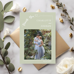 Cartão De Agradecimento Foto de casamento moderna simples verde sálvia