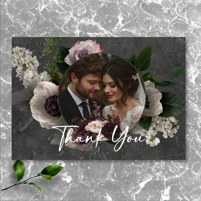 Cartão De Agradecimento Foto De Casamento Moderno Floral Elegante Da Cinza (Charcoal Gray Elegant Floral Modern Wedding Photo Thank You Card)