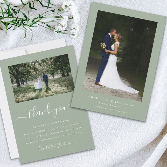 Cartão De Agradecimento Foto de casamento moderno simples (Simple modern wedding photo thank you card sage green and elegant white script 2 photos )