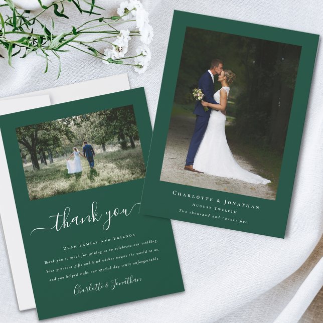 Cartão De Agradecimento Foto de casamento moderno simples (Simple modern photo dark green Wedding save the date invitation Elegant script 2 photograph )