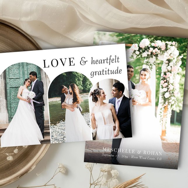 Cartão De Agradecimento Foto De Casamento Múltiplo De Arch Elegante Simple (Triple Arch Shaped wedding photo thank you card by Darling & May)