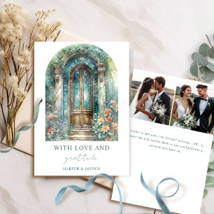 Cartão De Agradecimento Foto de casamento no Jardim Botânico em azul-teal