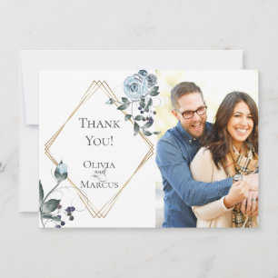 Cartão De Agradecimento Foto de Casamento Obrigado     Floral Azul Empoeir