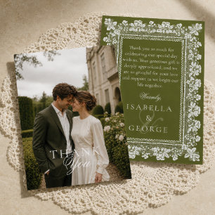 Cartão De Agradecimento Foto de casamento Old Money em verde oliva com ren