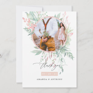 Cartão De Agradecimento Foto de casamento Pastel Blush Pink e Greenery