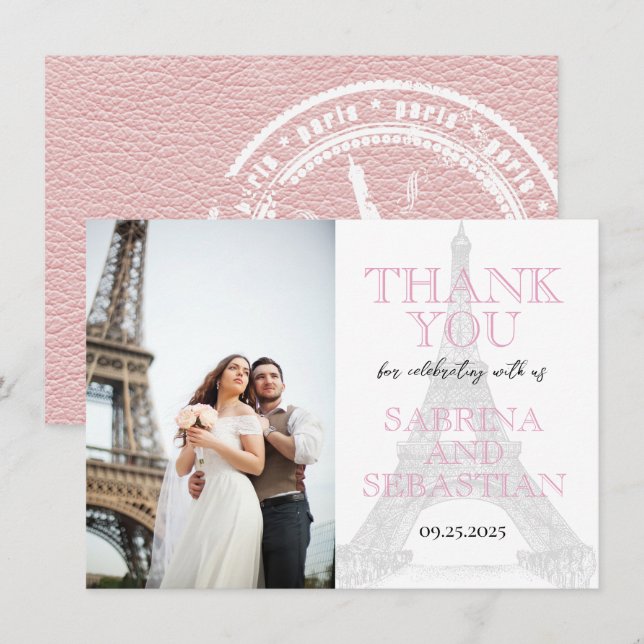 Cartão De Agradecimento Foto de Casamento Pink Paris Obrigado (Frente/Verso)
