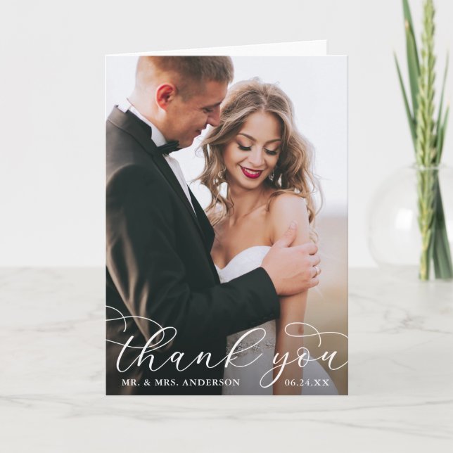 Cartão De Agradecimento Foto de Casamento por Caligrafia Moderna Elegante  (Frente)