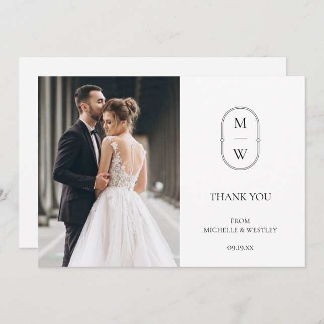 Cartão De Agradecimento Foto de Casamento Preto e Branco do Monograma Mini (Frente/Verso)