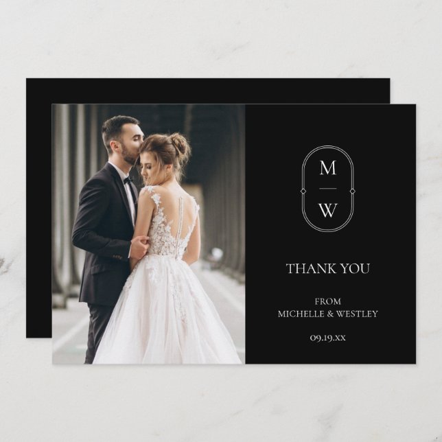 Cartão De Agradecimento Foto de Casamento Preto e Branco do Monograma Mini (Frente/Verso)