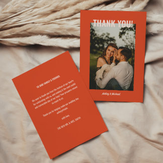 Cartão De Agradecimento Foto de casamento retrô em vermelho e bege brilhan