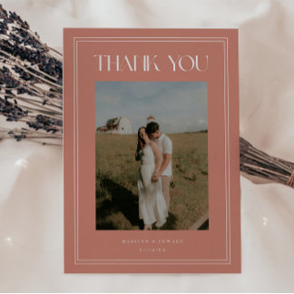 Cartão De Agradecimento Foto de casamento rosa poeirento elegante moderno