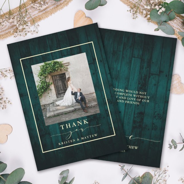 Cartão De Agradecimento Foto de Casamento Rústico de Teal de Madeira (Criador carregado)