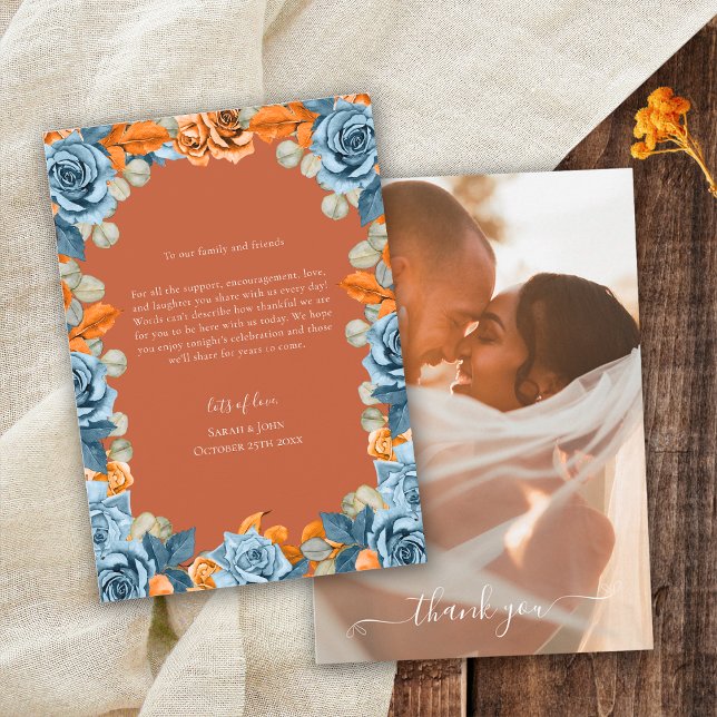 Cartão De Agradecimento Foto De Casamento Rústico E Marinho Terracotta Azu (Criador carregado)