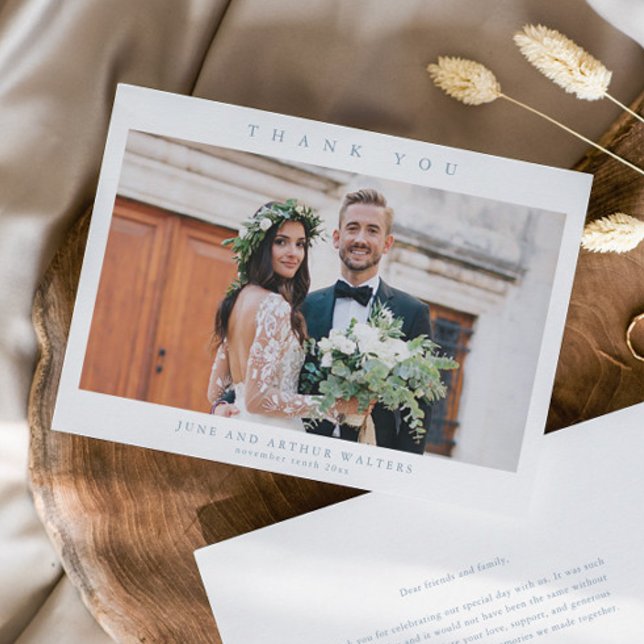 Cartão De Agradecimento Foto de casamento simples (Simple Dusty blue Wedding Photo Thank You Cards.)