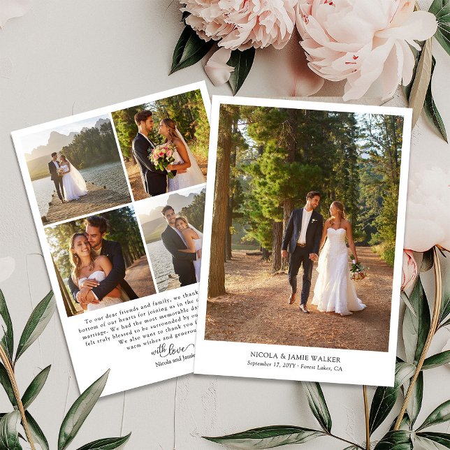 Cartão De Agradecimento Foto de Casamento Simples Moderno 5 da Caligrafia  (Wedding Photo Thank You Card with elegant modern calligraphy and 5 photos)