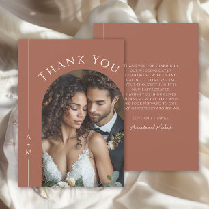 Cartão De Agradecimento Foto De Casamento Simples Terracotta Monograma Obr