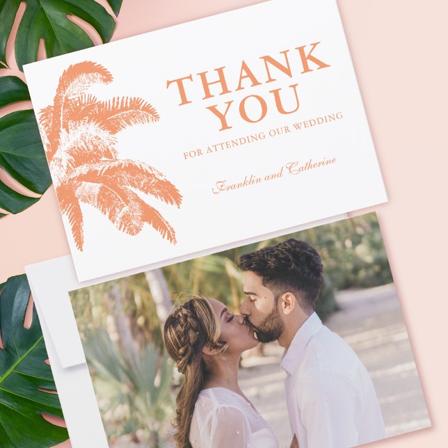 Cartão De Agradecimento Foto de Casamento Tropical de Palm Tree Elegante (Vintage Boho Tropical Palm Photo Wedding Thank You Card)