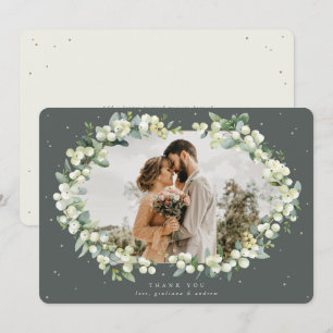 Cartão De Agradecimento Foto de Casamento Verde/Creme de Snowberry+Eucalyp