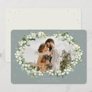 Cartão De Agradecimento Foto de Casamento Verde/Creme de Snowberry+Eucalyp