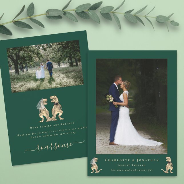 Cartão De Agradecimento Foto De Casamento Verde De Dinossauro Obrigado (Dinosaur wedding photo thank you card funny T-Rex dino bride & groom elegant modern script green)