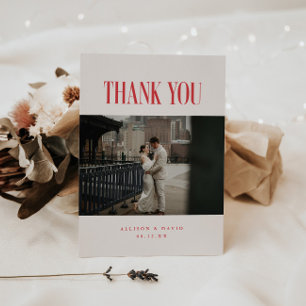 Cartão De Agradecimento Foto de Casamento Vermelha e Bege Moderno Retro