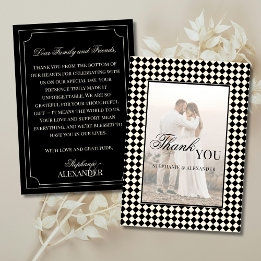 Cartão De Agradecimento Foto de casamento vintage em preto xadrez estilo o
