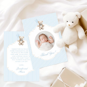 Cartão De Agradecimento Foto de Chuvinha de Bebê Menino Urso de Pelúcia Az