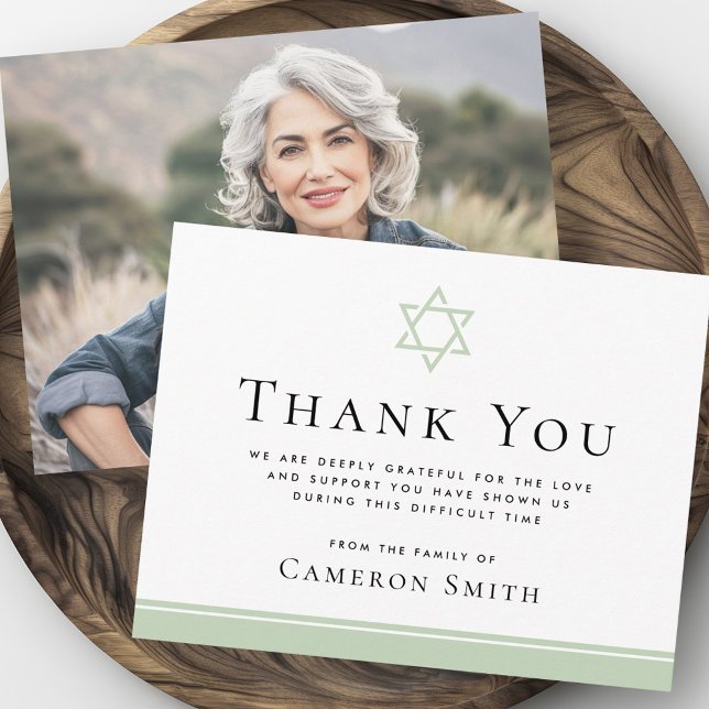 Cartão De Agradecimento Foto de compaixão funerária "Estrela verde-clara"  (Light green Star of David funeral sympathy photo Thank You Card)