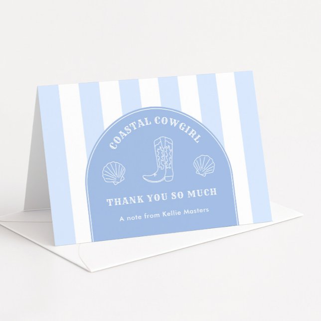 Cartão De Agradecimento Foto de despedida de solteira de Cowgirl Costeira  (Modern arch blue and white Coastal Cowgirl bachelorette party thank you cards)