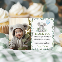 Cartão De Agradecimento Foto de festa de aniversário com koala fofo e verd