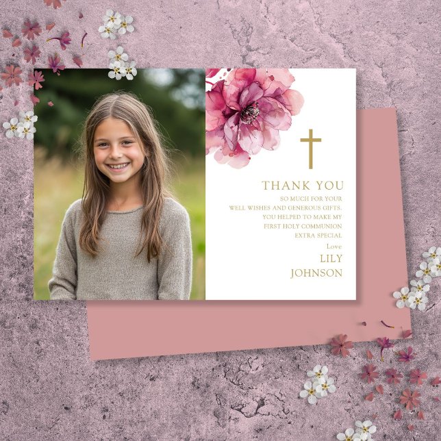 Cartão De Agradecimento Foto de flor de aquarela rosa da primeira comunhão (Pink Watercolor Flower Photo First Holy Communion Thank You Card)