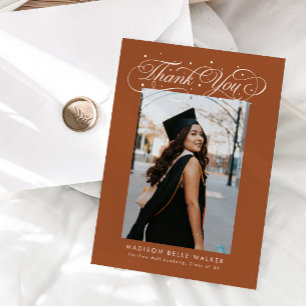 Cartão De Agradecimento Foto de Formatura com Script Elegante Terracota