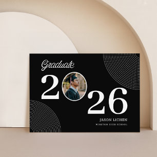 Cartão De Agradecimento Foto de Formatura Elegante Graduado Preto e Branco