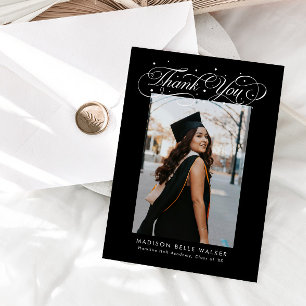 Cartão De Agradecimento Foto de Formatura em Script Elegante Preto