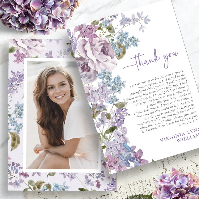 Cartão De Agradecimento Foto de Formatura Roxa (Purple Graduation Photo Thank You Card Picture on back by Painted Paperie
)