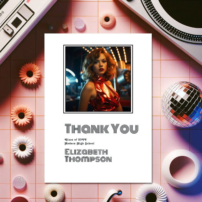 Cartão De Agradecimento Foto de Graduação de Disco Retroativo (Retro Disco Graduation Photo Thank You Card)