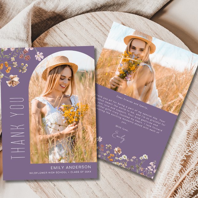 Cartão De Agradecimento Foto de Graduação de Flor Selvagem Roxa Obrigado (Criador carregado)