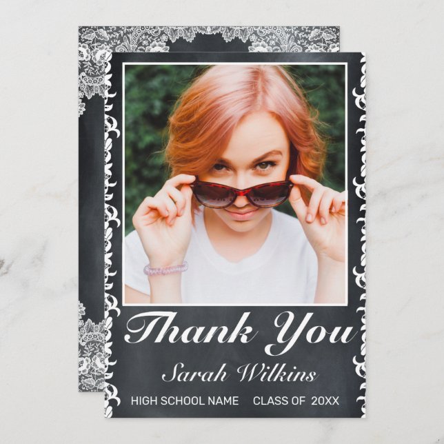 Cartão De Agradecimento Foto de Graduação de Lace Branco e Quadro Negro (Frente/Verso)