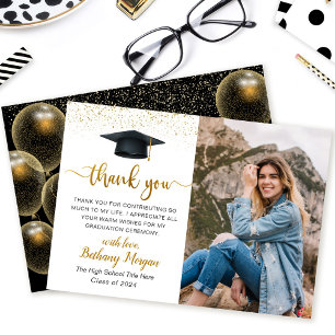Cartão De Agradecimento Foto de Graduação do Balão Dourado Preto com Scrip