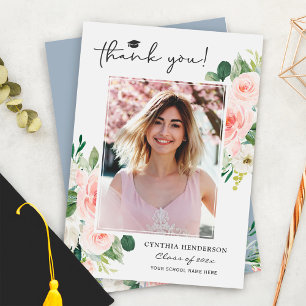 Cartão De Agradecimento Foto de Graduação Floral Cor-de-Rosa-Esbranquiç