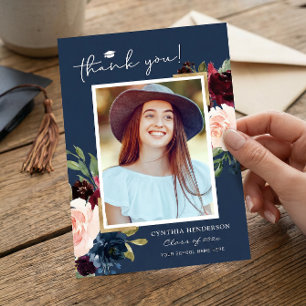 Cartão De Agradecimento Foto de Graduação Floral de Blush Vermelho Azul