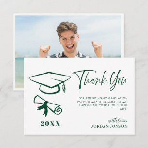 Cartão De Agradecimento Foto de Graduação Moderna Minimalista Verde Branco