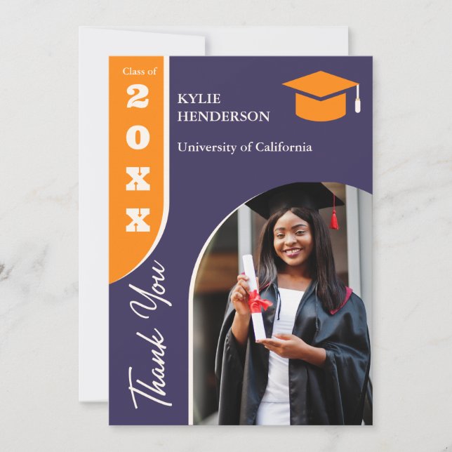 Cartão De Agradecimento Foto de Graduação Moderna Roxo Laranja (Frente)