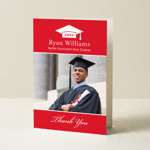 Cartão De Agradecimento Foto de Graduação Personalizada Elegante Vermelho 