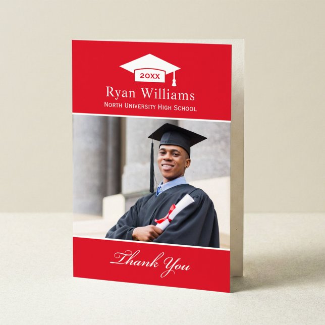 Cartão De Agradecimento Foto de Graduação Personalizada Elegante Vermelho  (Criador carregado)