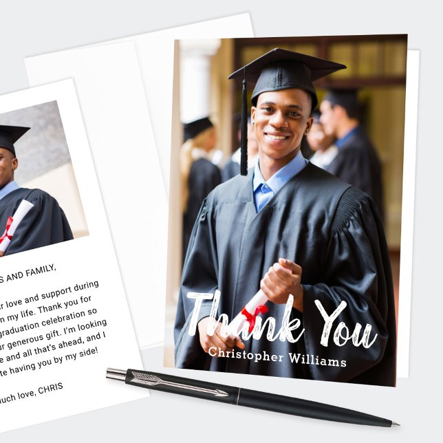 Cartão De Agradecimento Foto de Graduado em Brush Script Branco (Criador carregado)