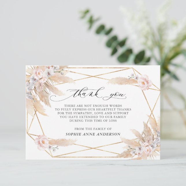 Cartão De Agradecimento Foto de Grama de Pampas Floral Rosa Em Memória Car (Em pé/Frente)