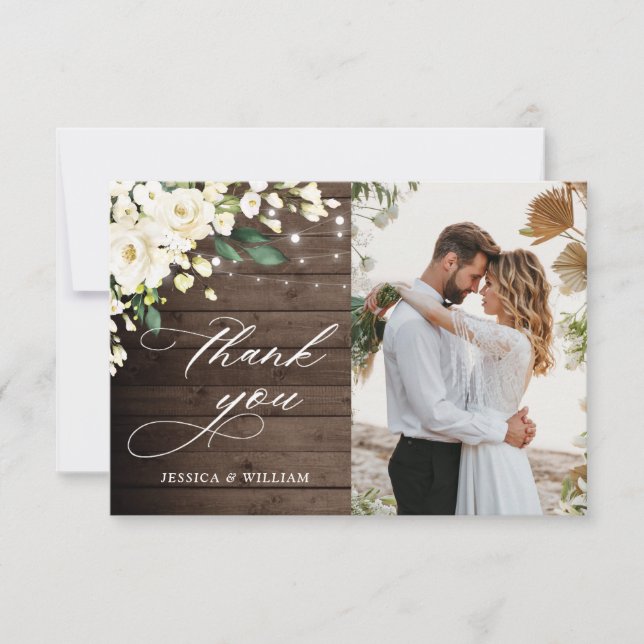 Cartão De Agradecimento Foto de Lanterna Rústica de Madeira Rosas Brancas (Frente)