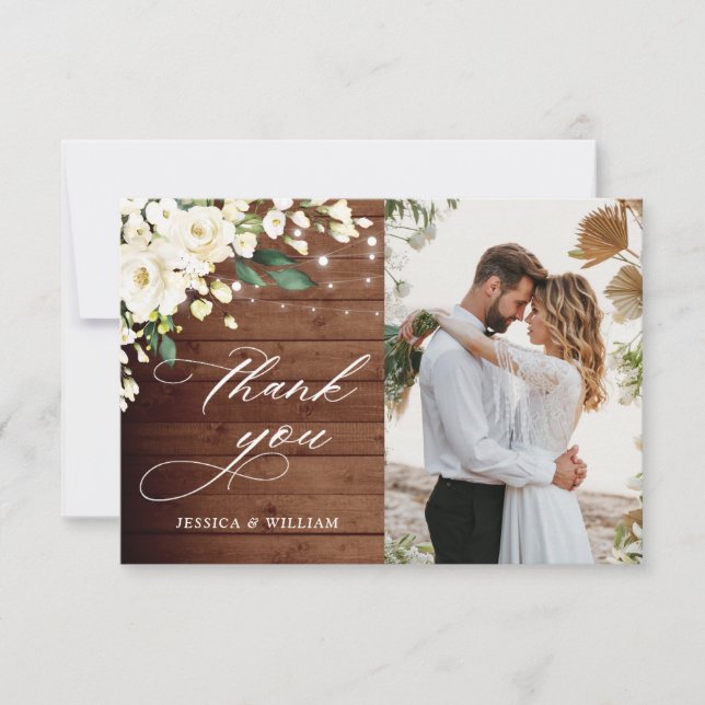 Cartão De Agradecimento Foto de Lanterna Rústica de Madeira Rosas Brancas (Frente)